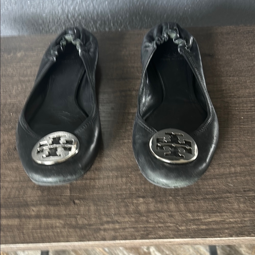 Tory Burch Black and Silver Loafers with Signature Logo
